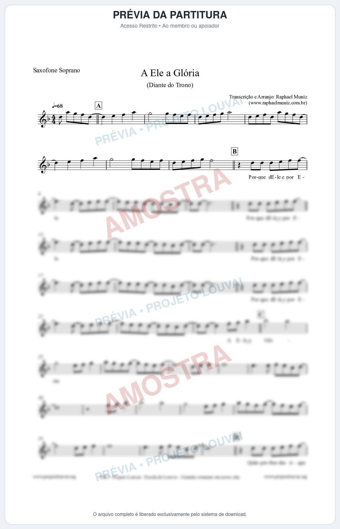 Prévia protegida da primeira página da partitura Partitura para Saxofone Soprano - A Ele a Glória - Diante do Trono
