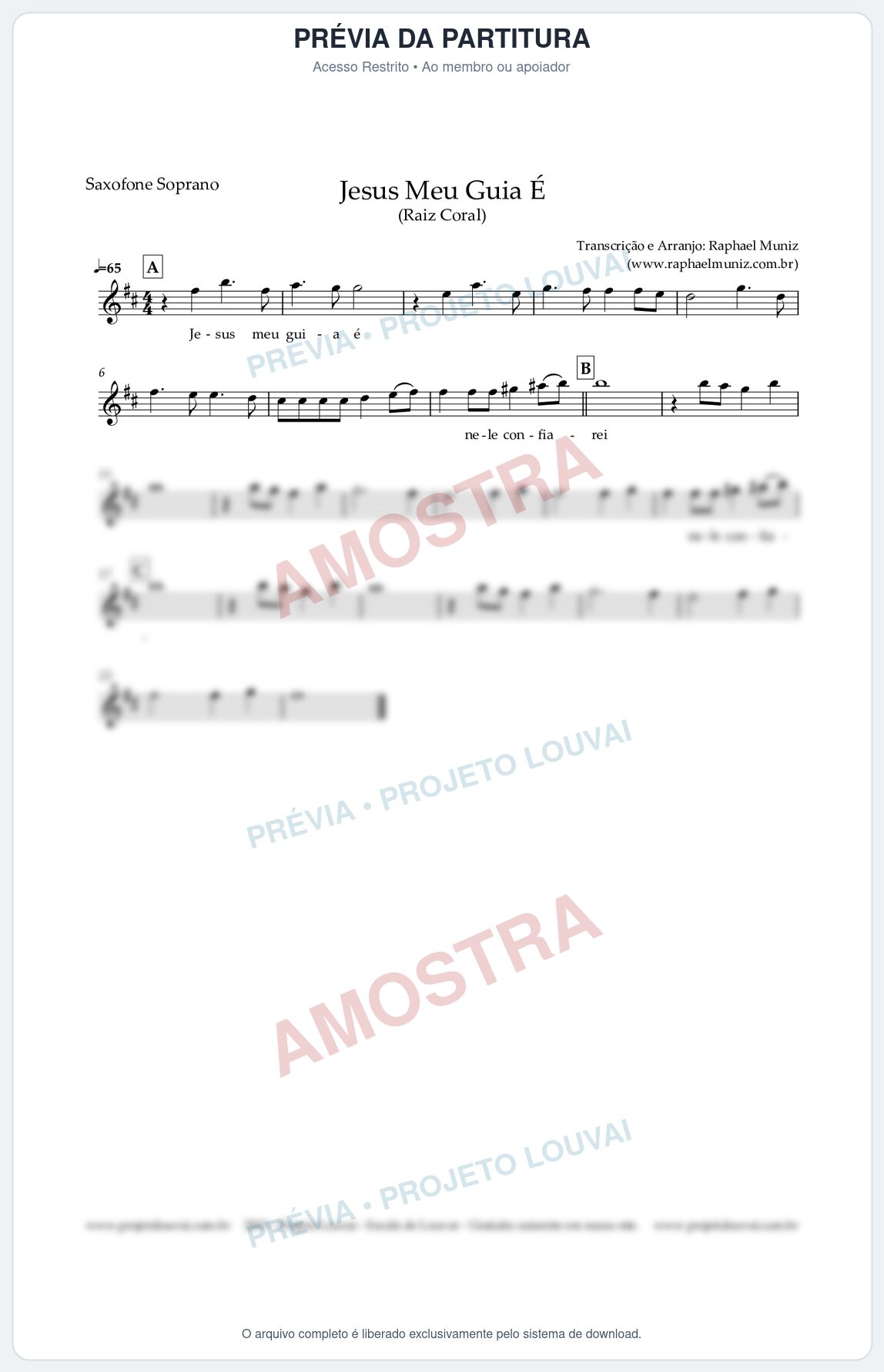 Prévia protegida da primeira página da partitura Partitura para Saxofone Soprano - Jesus Meu Guia É - Raiz Coral