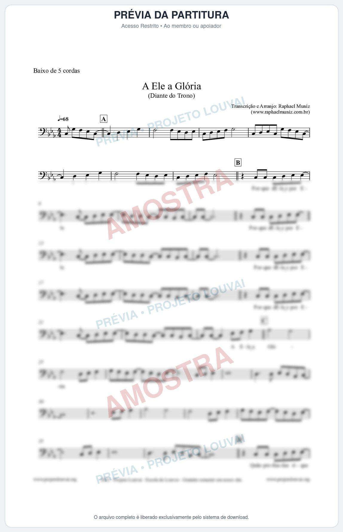 Prévia protegida da primeira página da partitura Partitura para Baixo de 5 cordas - A Ele a Glória - Diante do Trono