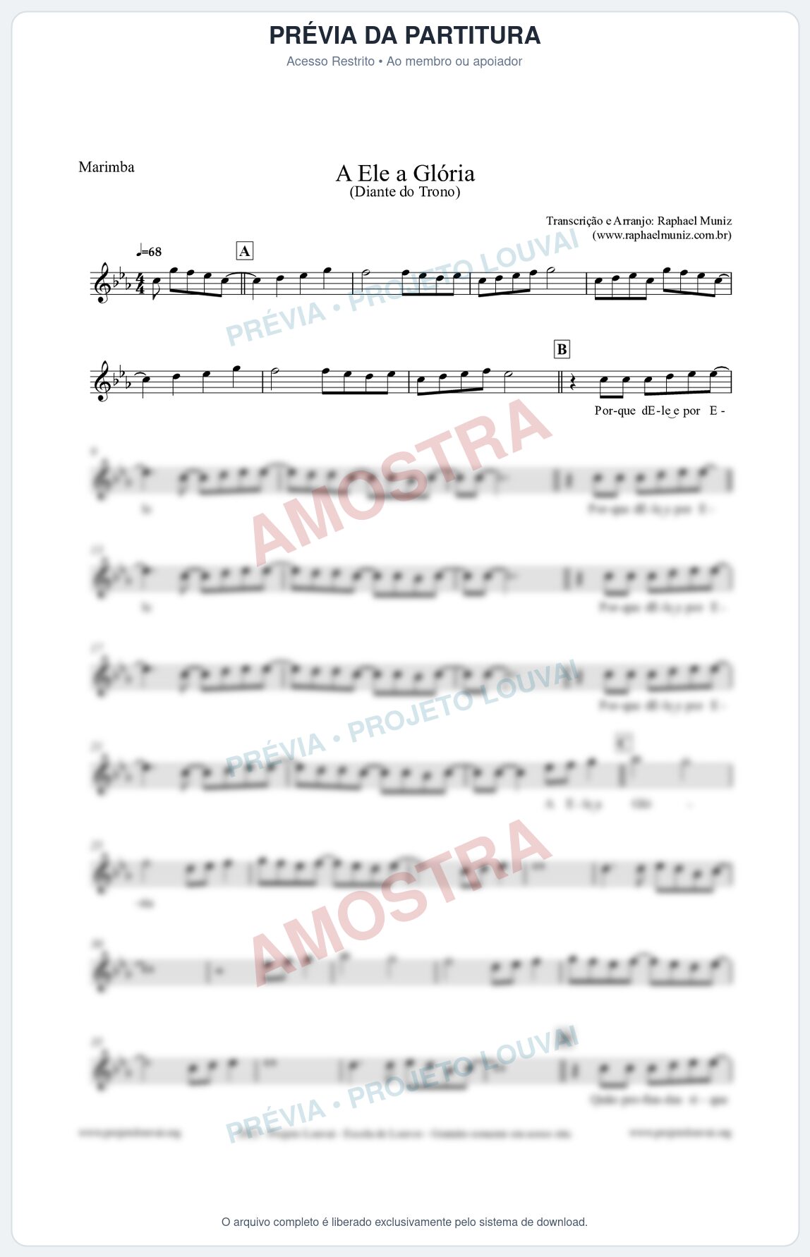 Prévia protegida da primeira página da partitura Partitura para Marimba - A Ele a Glória - Diante do Trono