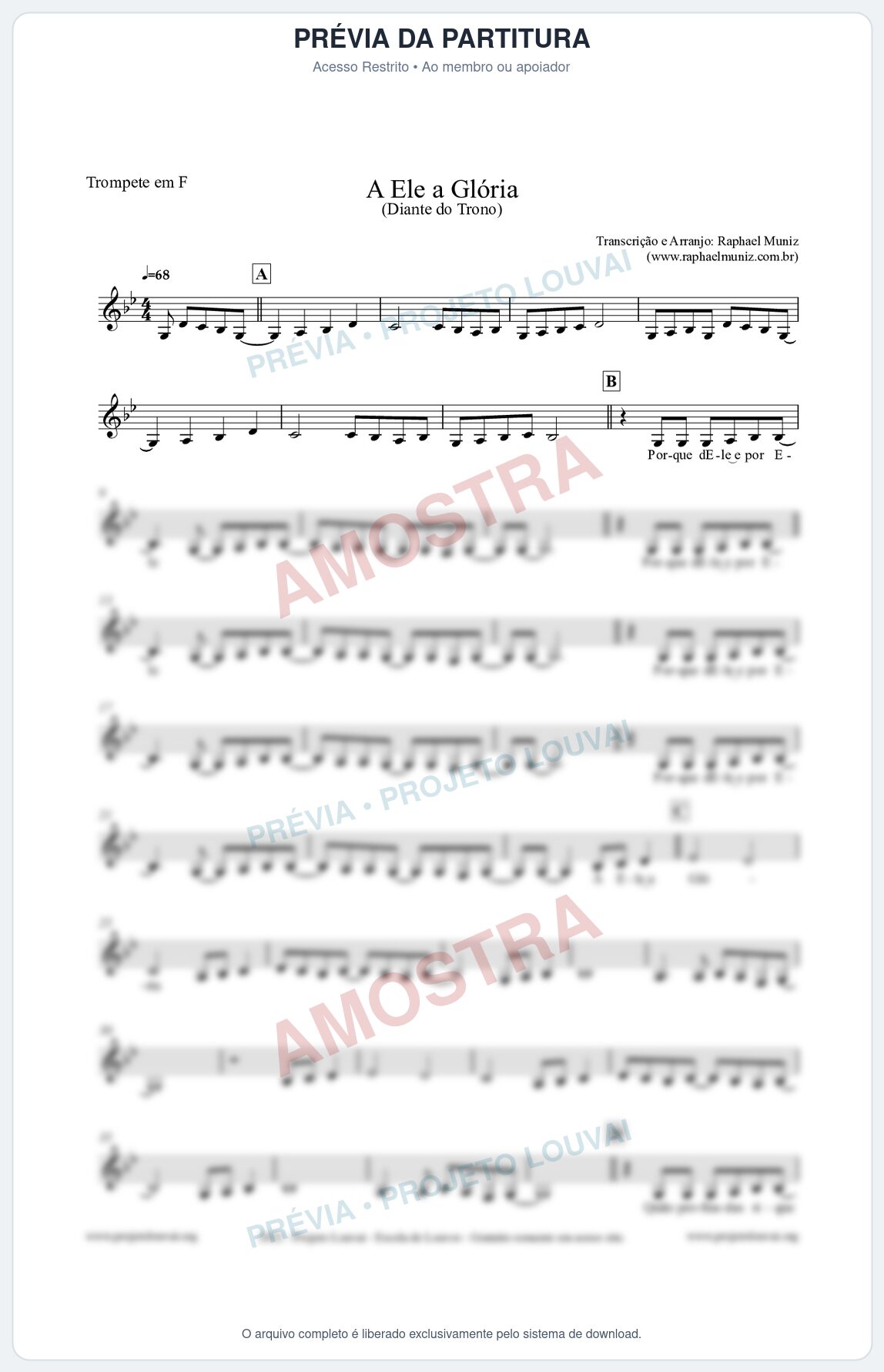 Prévia protegida da primeira página da partitura Partitura para Trompete em F - A Ele a Glória - Diante do Trono