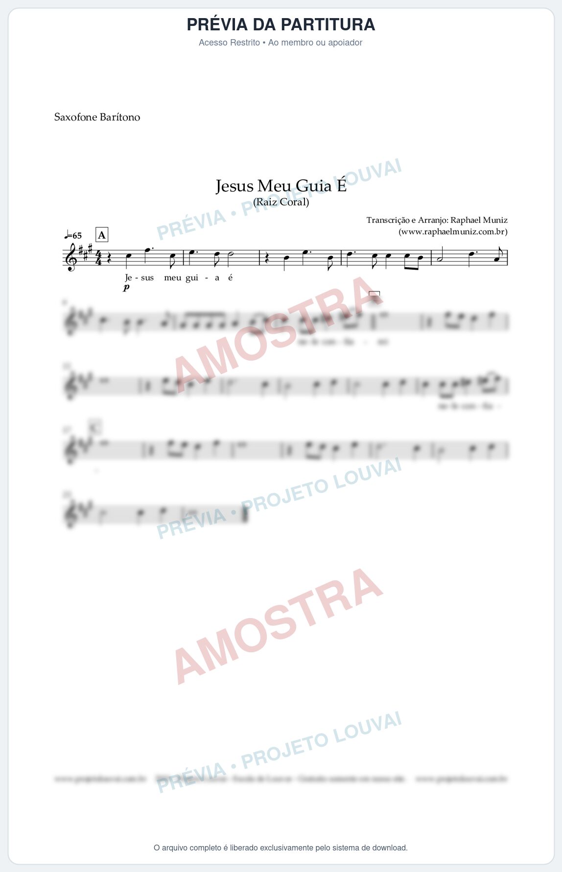 Prévia protegida da primeira página da partitura Partitura para Saxofone Barítono - Jesus Meu Guia É - Raiz Coral