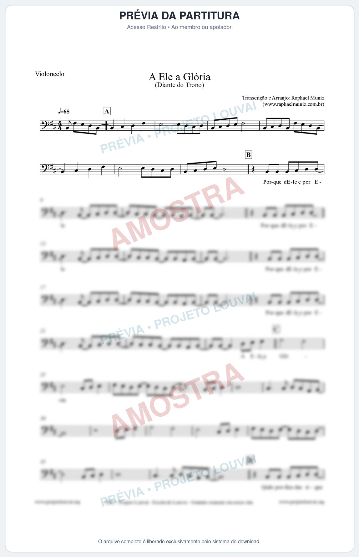 Prévia protegida da primeira página da partitura Partitura para Violoncelo - A Ele a Glória - Diante do Trono