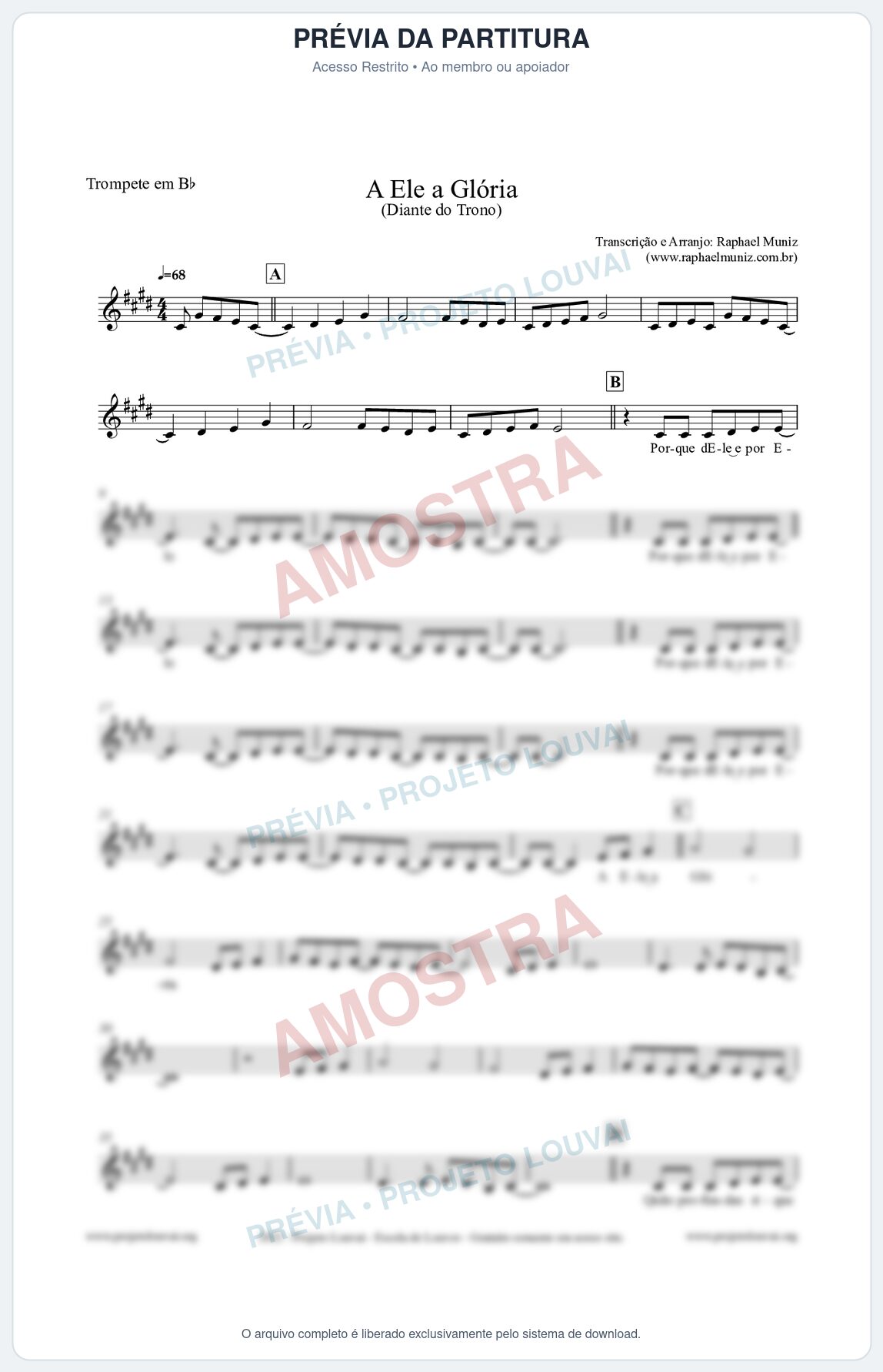 Prévia protegida da primeira página da partitura Partitura para Trompete em Bb - A Ele a Glória - Diante do Trono