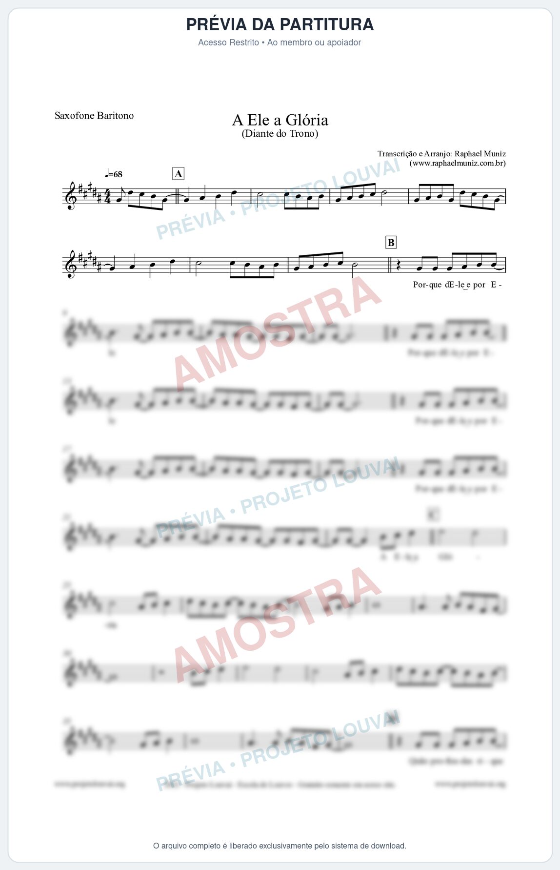 Prévia protegida da primeira página da partitura Partitura para Saxofone Barítono - A Ele a Glória - Diante do Trono