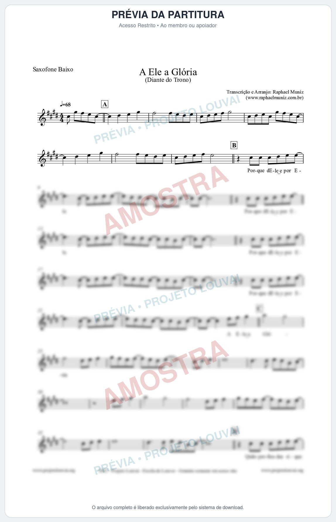Prévia protegida da primeira página da partitura Partitura para Saxofone Baixo - A Ele a Glória - Diante do Trono