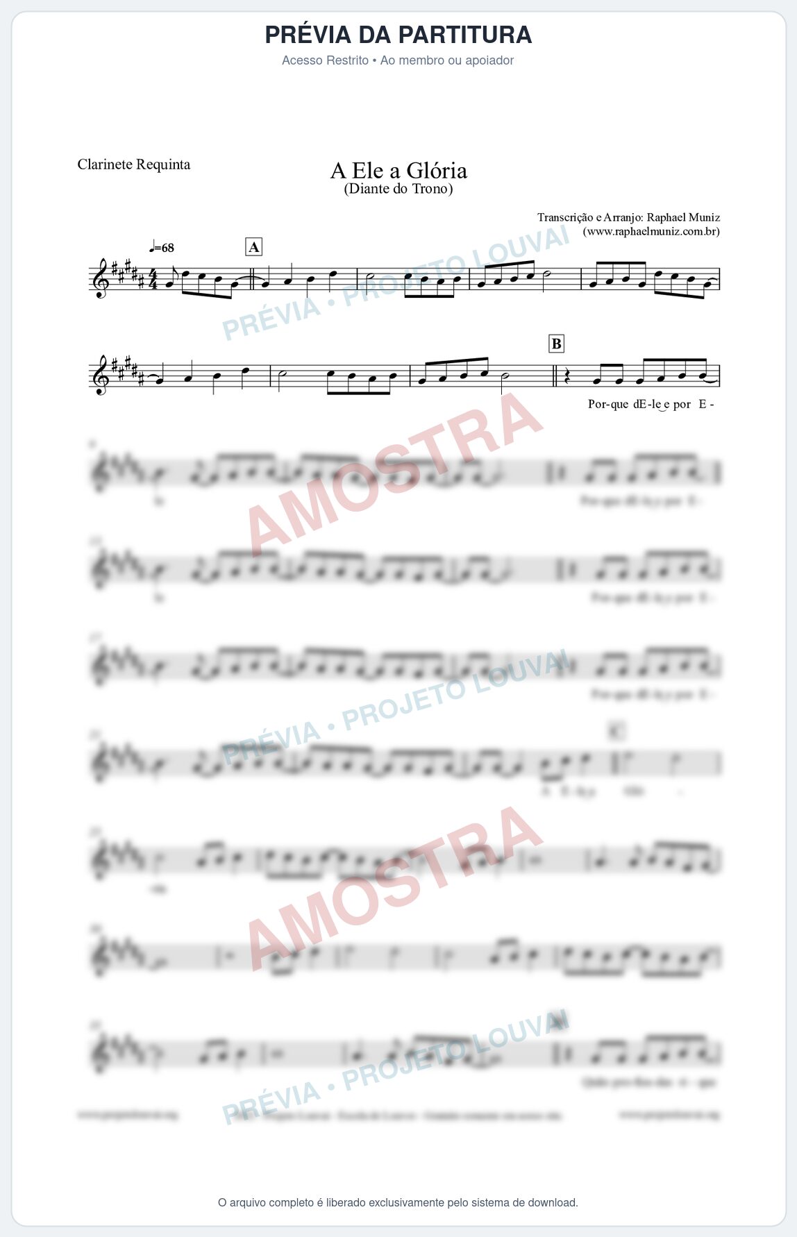 Prévia protegida da primeira página da partitura Partitura para Clarinete Requinta - A Ele a Glória - Diante do Trono