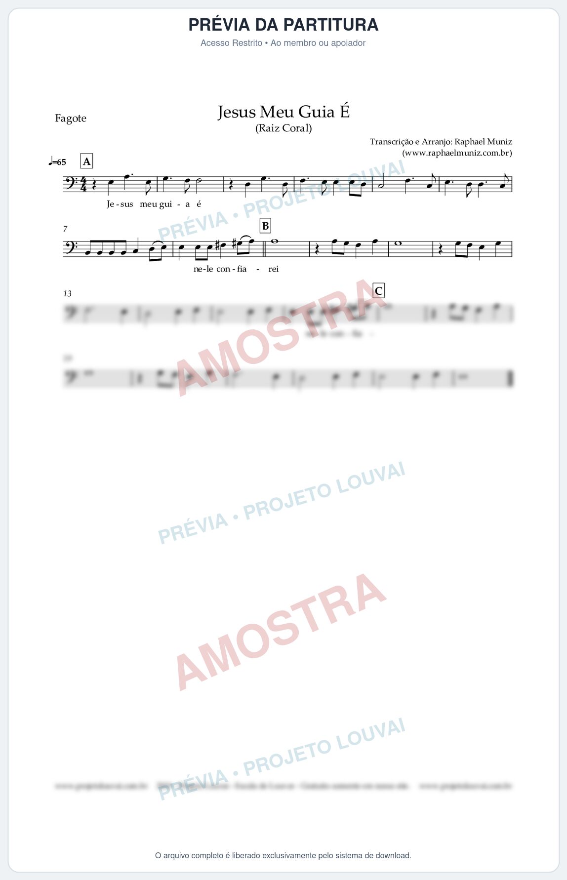 Prévia protegida da primeira página da partitura Partitura para Fagote - Jesus Meu Guia É - Raiz Coral