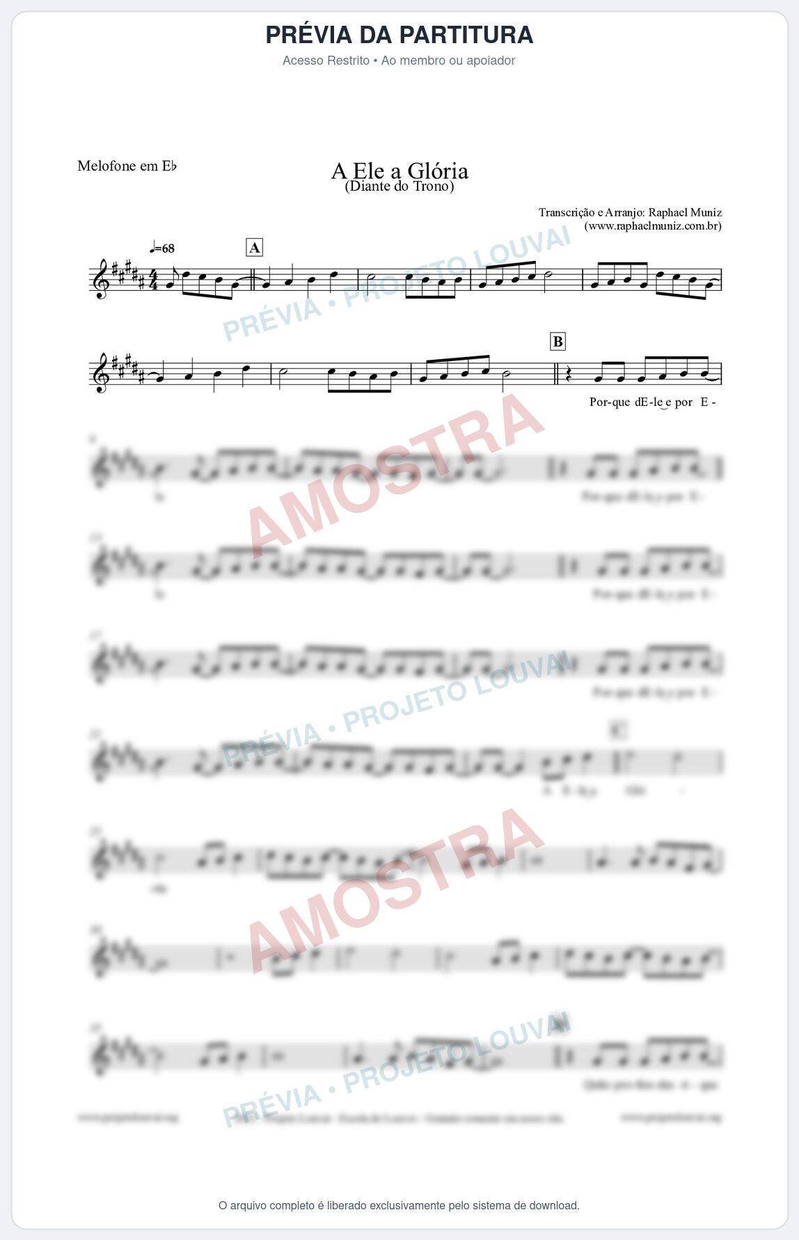 Prévia protegida da primeira página da partitura Partitura para Melofone em Eb - A Ele a Glória - Diante do Trono