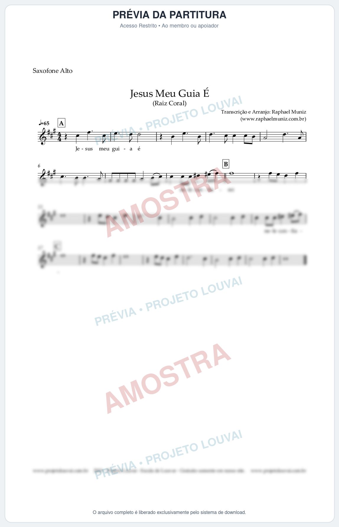 Prévia protegida da primeira página da partitura Partitura para Saxofone Alto - Jesus Meu Guia É - Raiz Coral