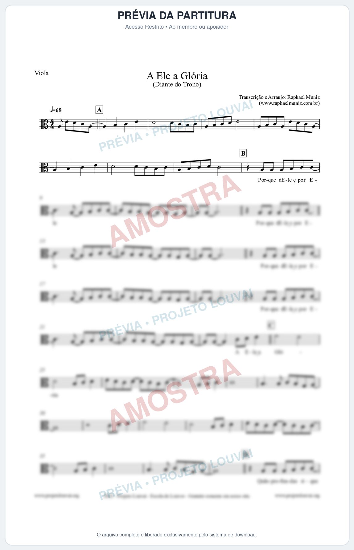Prévia protegida da primeira página da partitura Partitura para Viola - A Ele a Glória - Diante do Trono