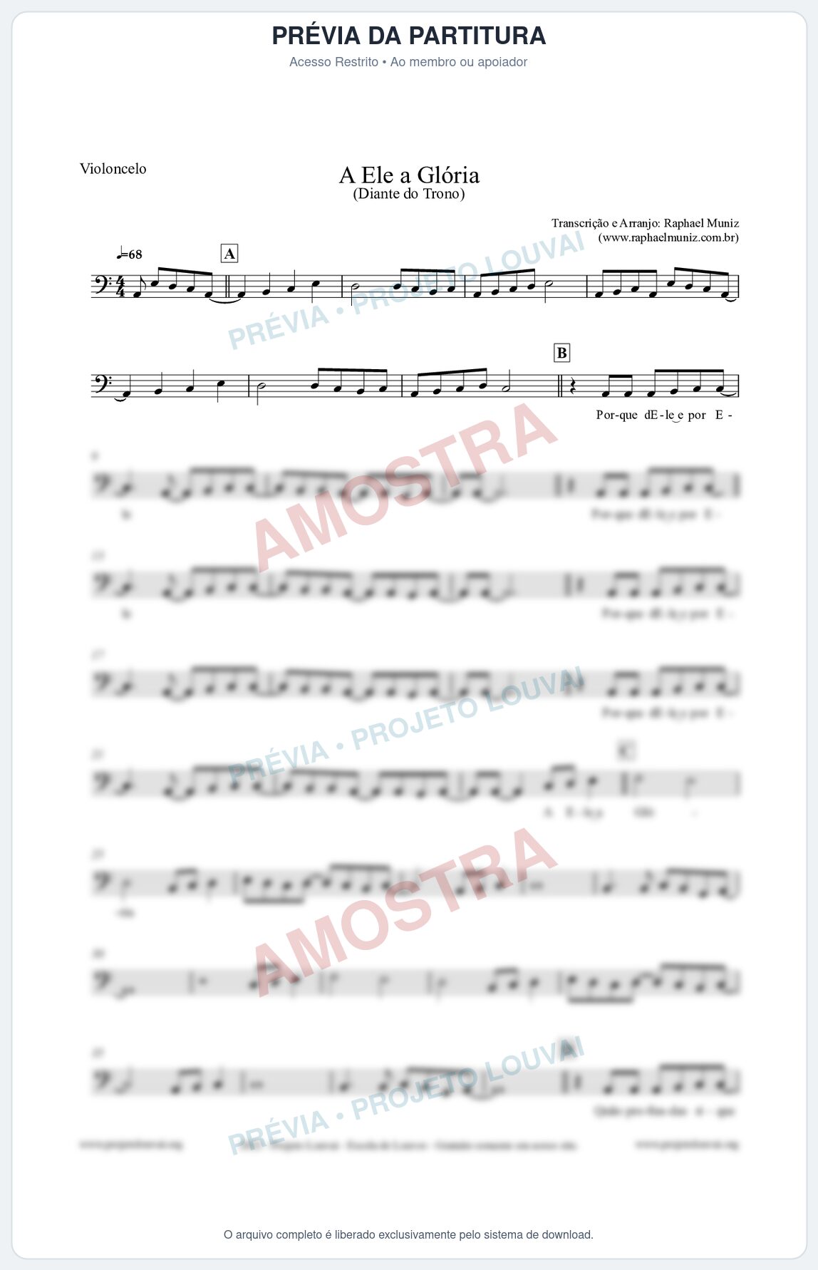 Prévia protegida da primeira página da partitura Partitura para Violoncelo - A Ele a Glória - Diante do Trono