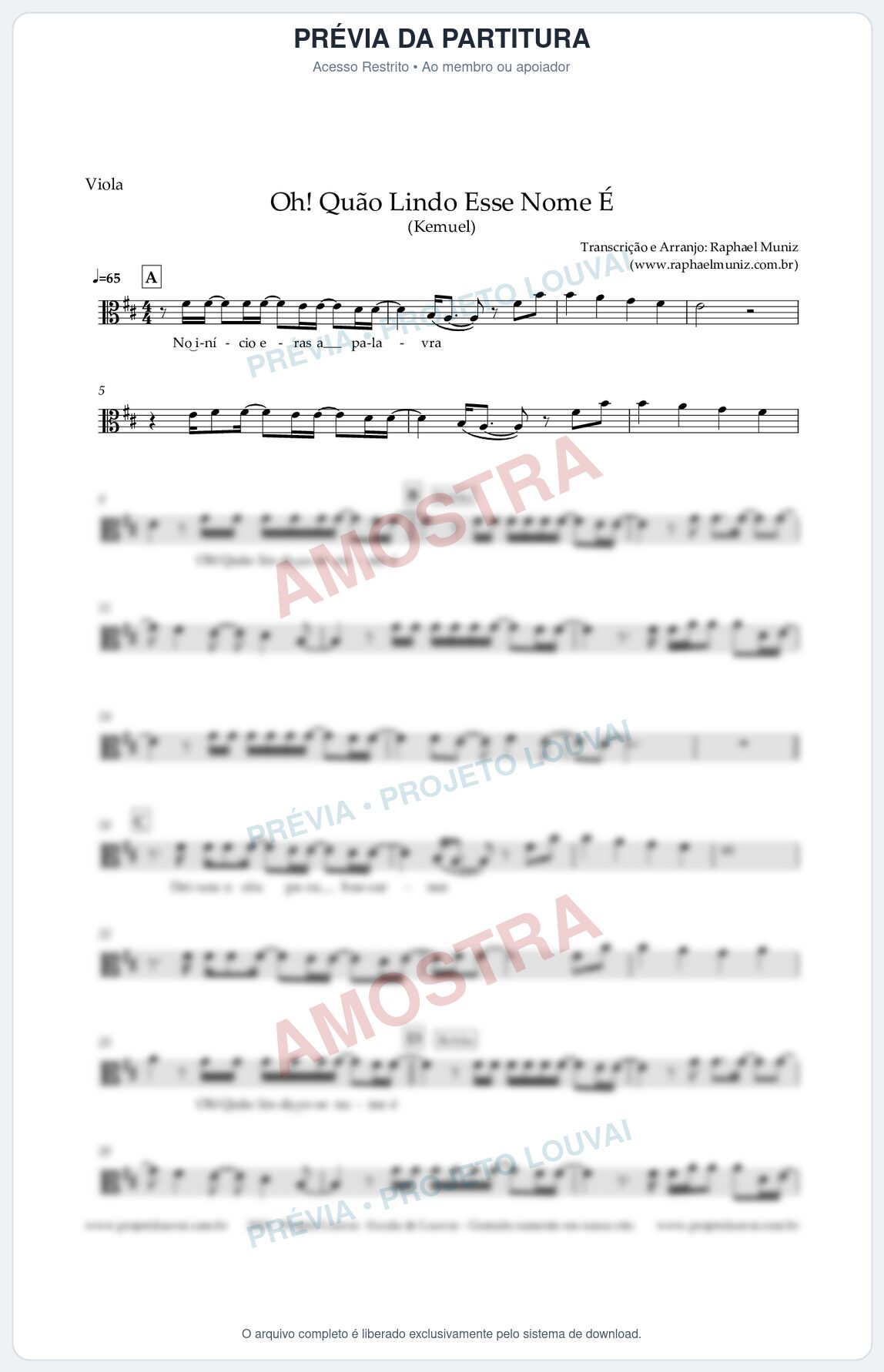 Prévia protegida da primeira página da partitura Partitura para Viola - Oh! Quão Lindo Esse Nome É - Kemuel