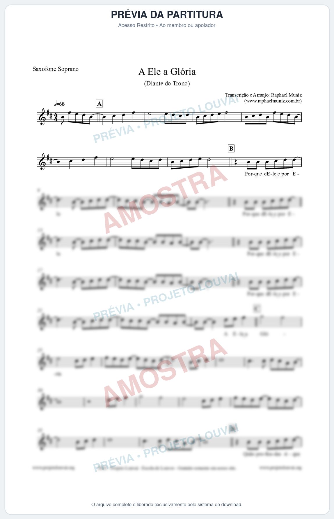 Prévia protegida da primeira página da partitura Partitura para Saxofone Soprano - A Ele a Glória - Diante do Trono