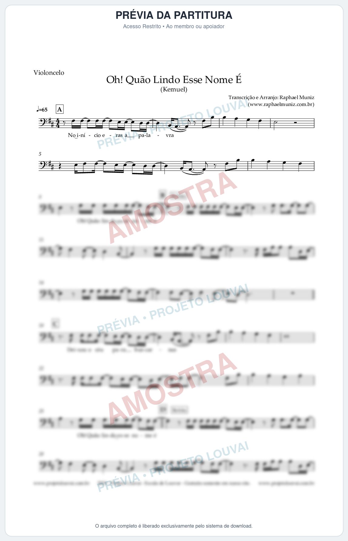 Prévia protegida da primeira página da partitura Partitura para Violoncelo - Oh! Quão Lindo Esse Nome É - Kemuel