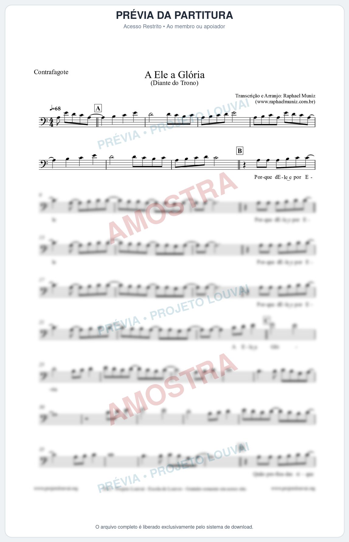 Prévia protegida da primeira página da partitura Partitura para Contrafagote - A Ele a Glória - Diante do Trono