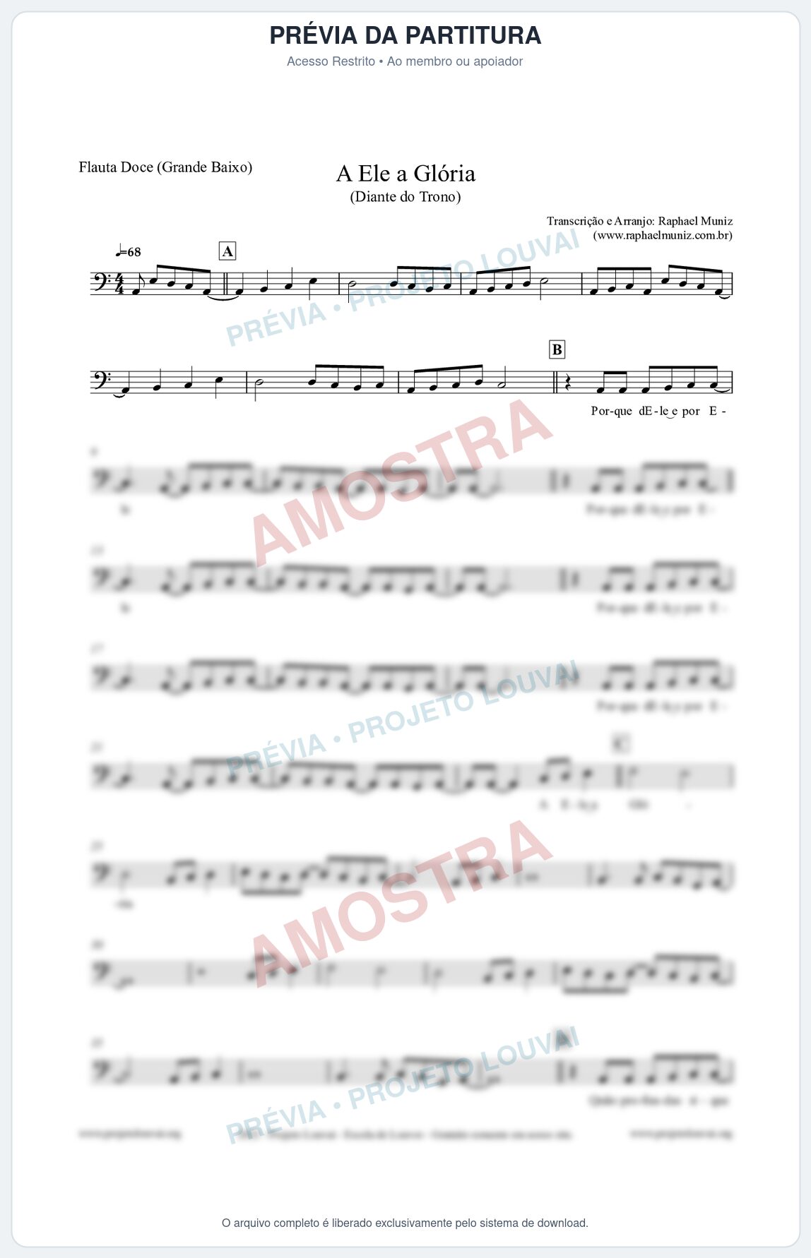 Prévia protegida da primeira página da partitura Partitura para Flauta Doce (Grande Baixo) - A Ele a Glória - Diante do Trono