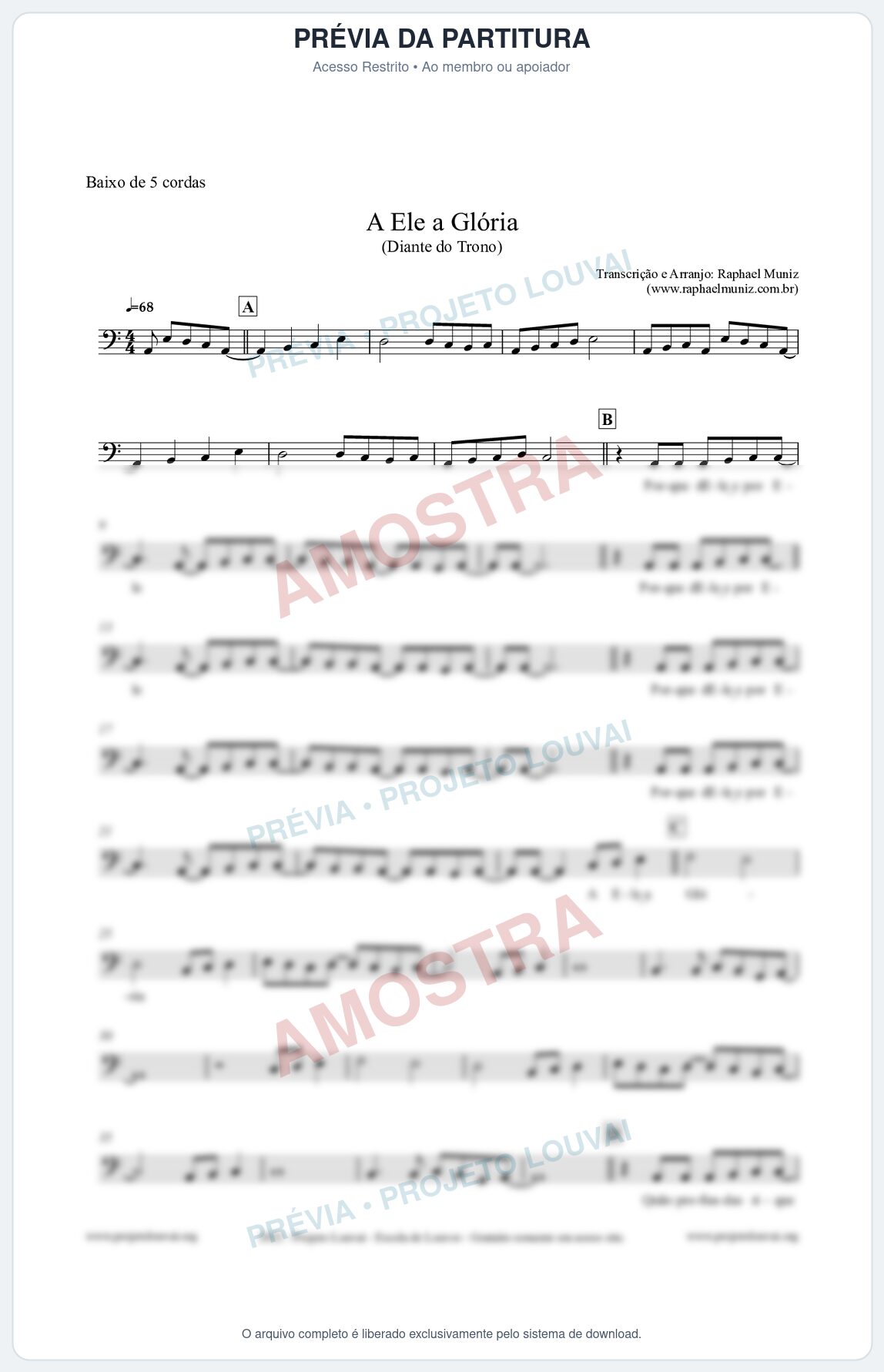 Prévia protegida da primeira página da partitura Partitura para Baixo de 5 cordas - A Ele a Glória - Diante do Trono