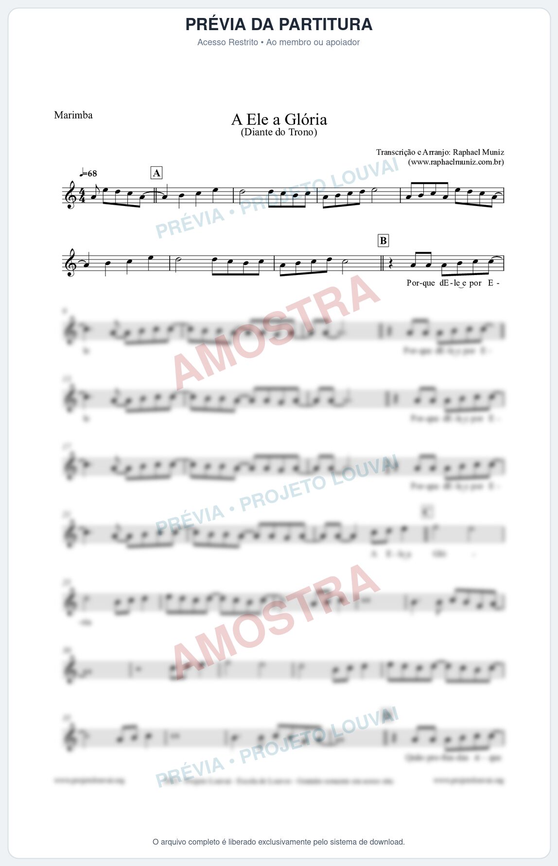 Prévia protegida da primeira página da partitura Partitura para Marimba - A Ele a Glória - Diante do Trono