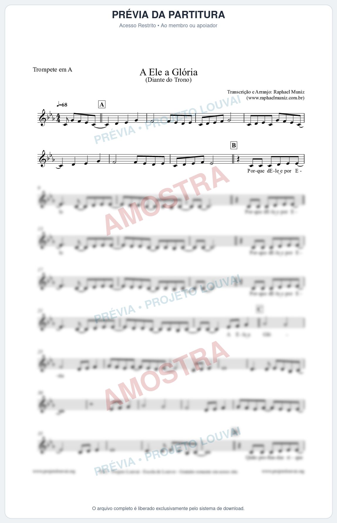Prévia protegida da primeira página da partitura Partitura para Trompete em A - A Ele a Glória - Diante do Trono