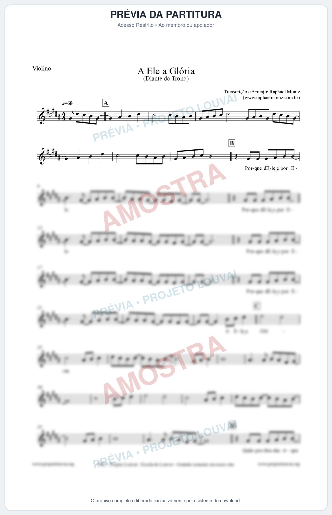 Prévia protegida da primeira página da partitura Partitura para Violino - A Ele a Glória - Diante do Trono