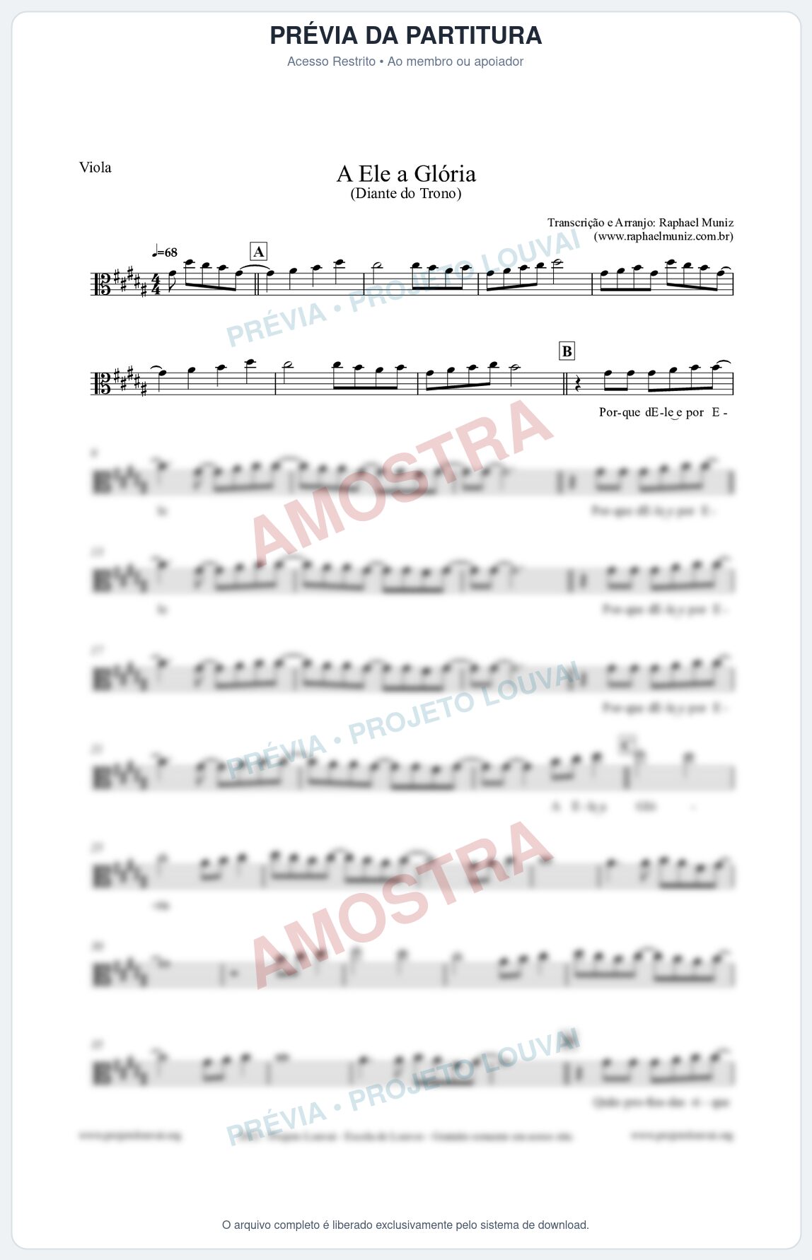 Prévia protegida da primeira página da partitura Partitura para Viola - A Ele a Glória - Diante do Trono