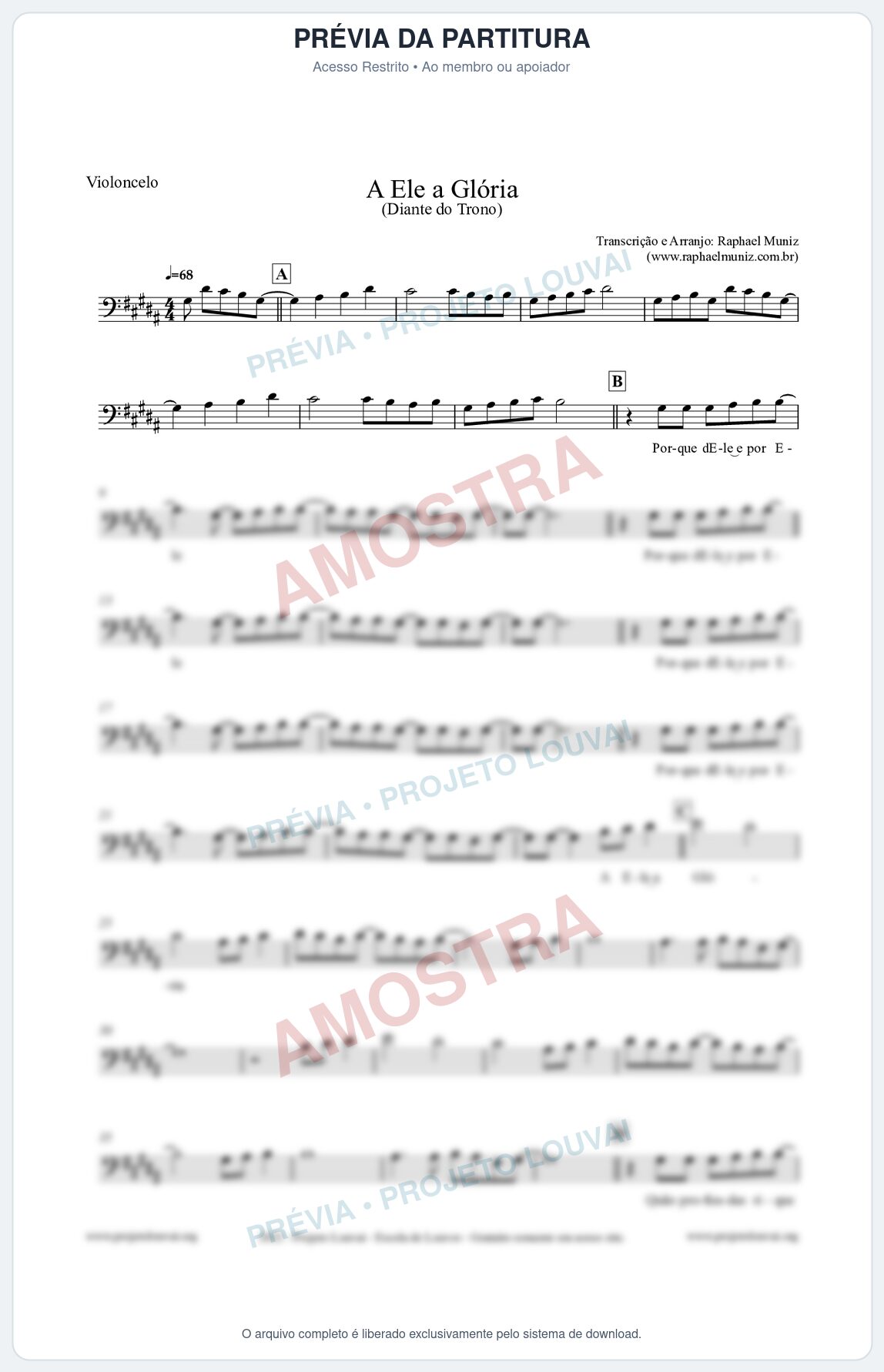 Prévia protegida da primeira página da partitura Partitura para Violoncelo - A Ele a Glória - Diante do Trono