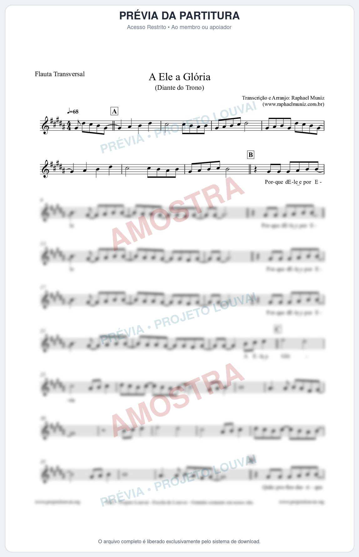 Prévia protegida da primeira página da partitura Partitura para Flauta Transversal - A Ele a Glória - Diante do Trono