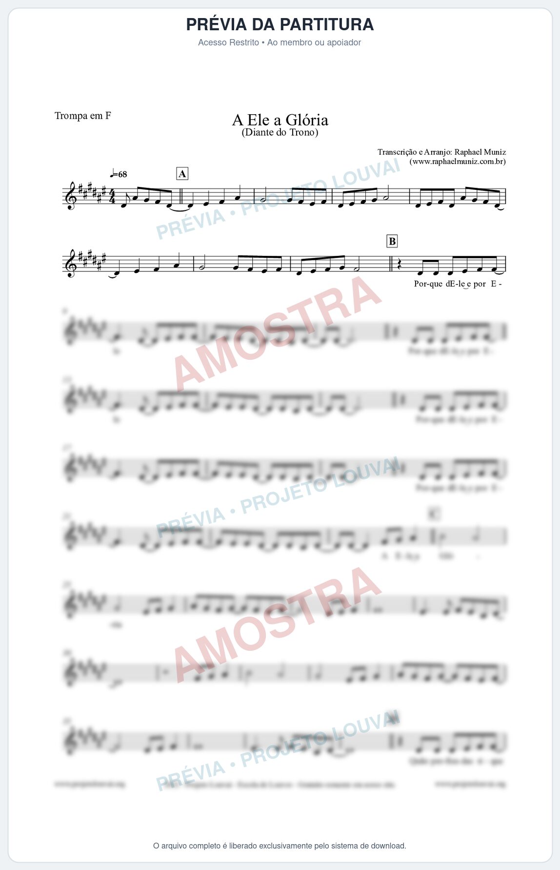 Prévia protegida da primeira página da partitura Partitura para Trompa em F - A Ele a Glória - Diante do Trono