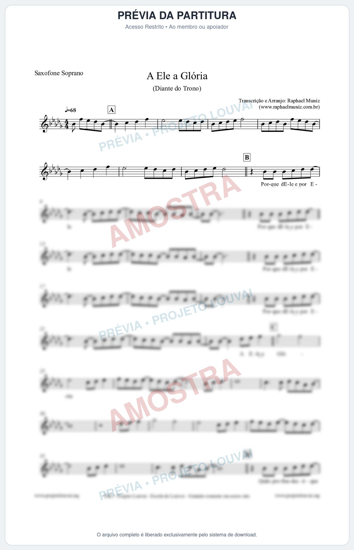 Prévia protegida da primeira página da partitura Partitura para Saxofone Soprano - A Ele a Glória - Diante do Trono