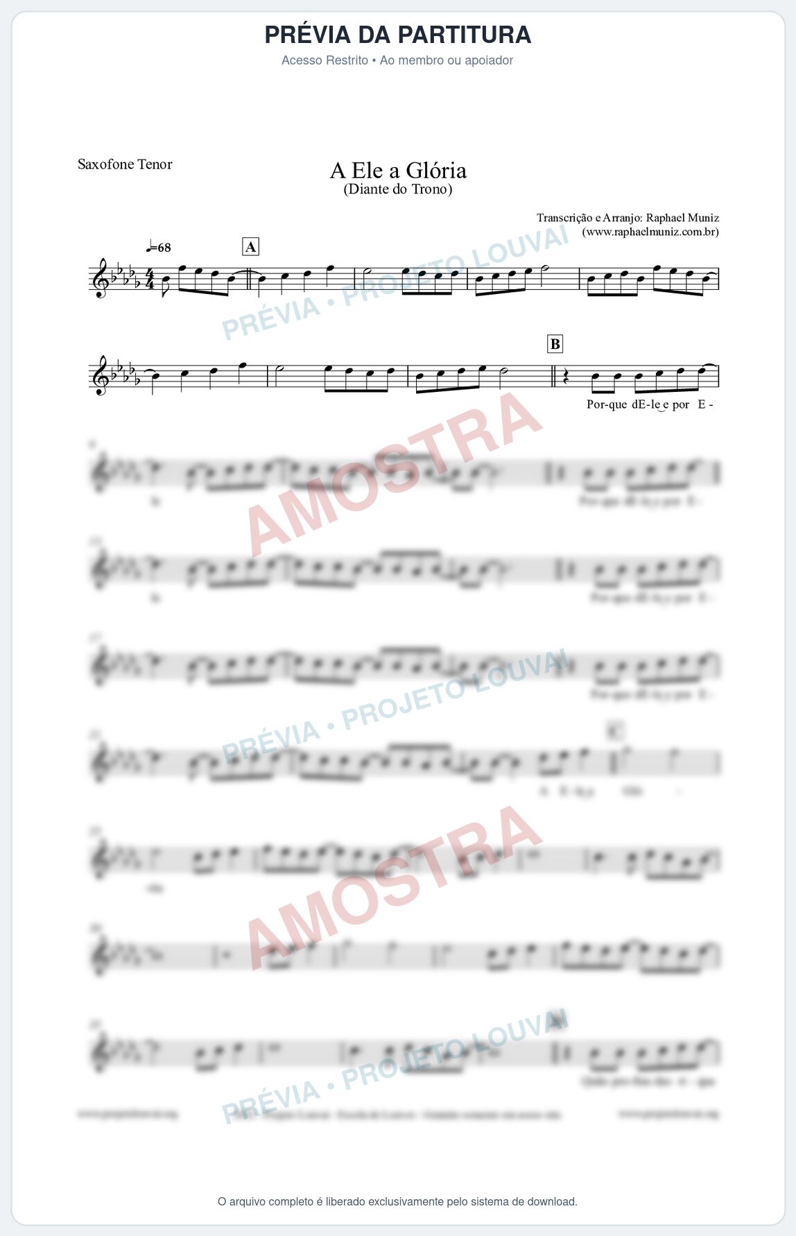 Prévia protegida da primeira página da partitura Partitura para Saxofone Tenor - A Ele a Glória - Diante do Trono