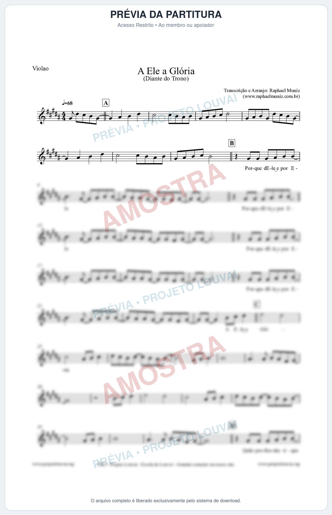 Prévia protegida da primeira página da partitura Partitura para Violão - A Ele a Glória - Diante do Trono