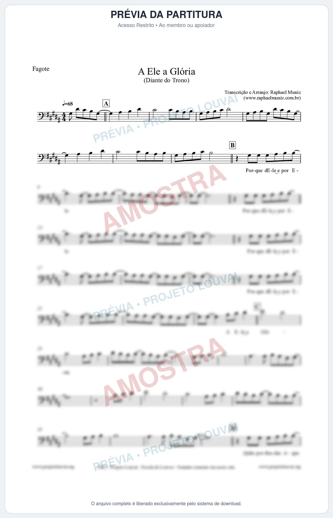 Prévia protegida da primeira página da partitura Partitura para Fagote - A Ele a Glória - Diante do Trono