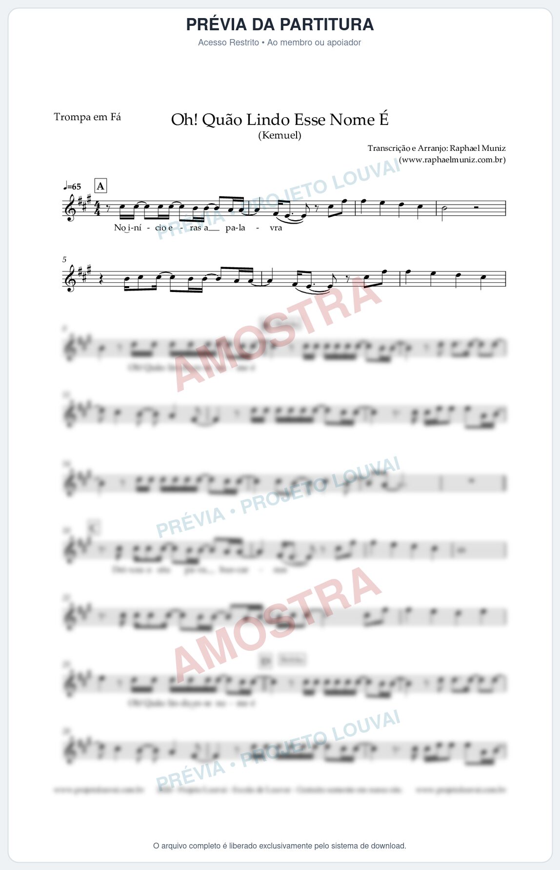Prévia protegida da primeira página da partitura Partitura para Trompa em Fá - Oh! Quão Lindo Esse Nome É - Kemuel