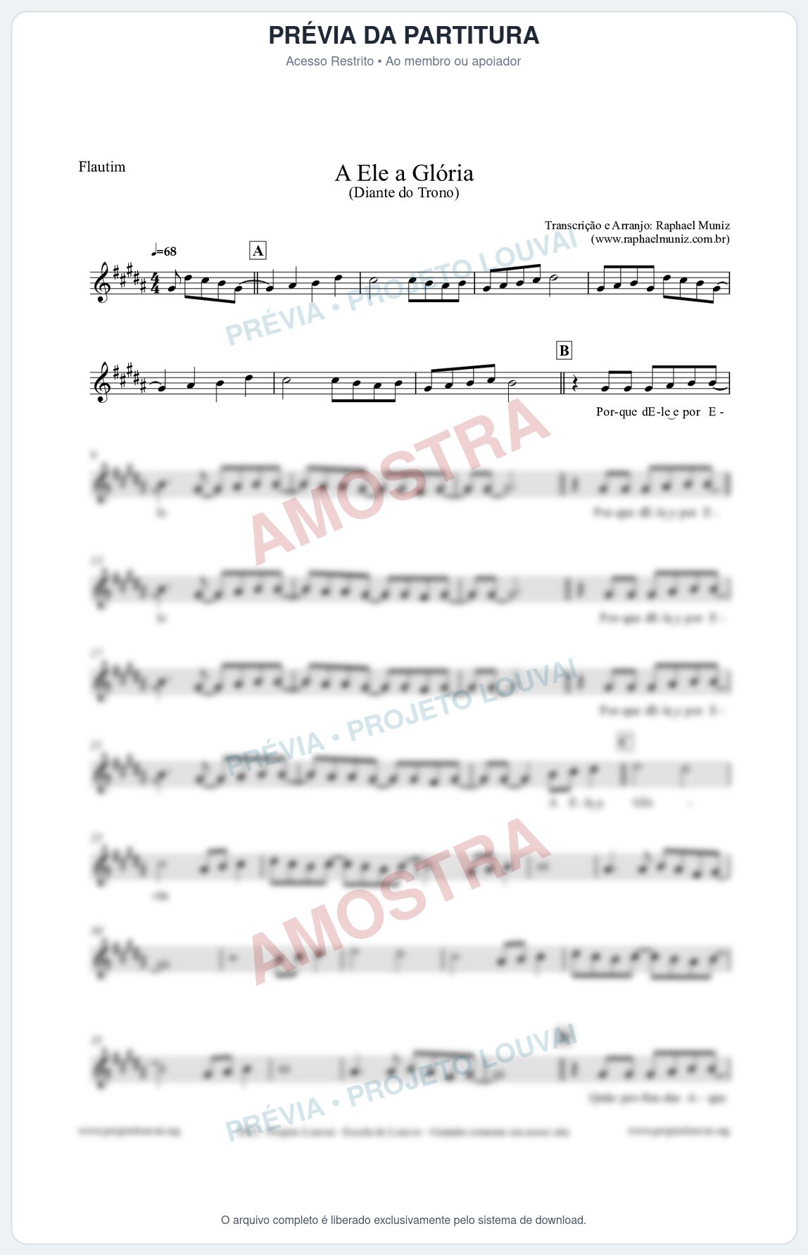 Prévia protegida da primeira página da partitura Partitura para Flautim - A Ele a Glória - Diante do Trono