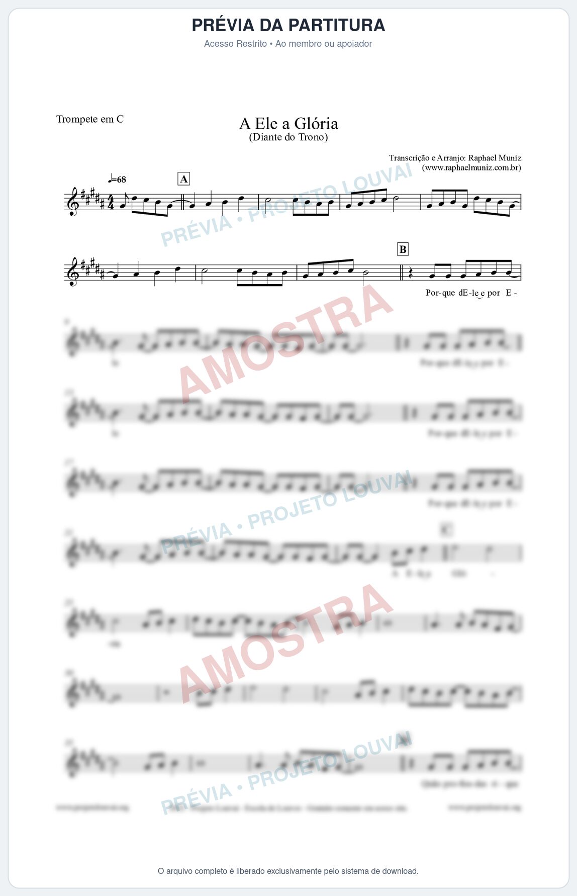 Prévia protegida da primeira página da partitura Partitura para Trompete em C - A Ele a Glória - Diante do Trono