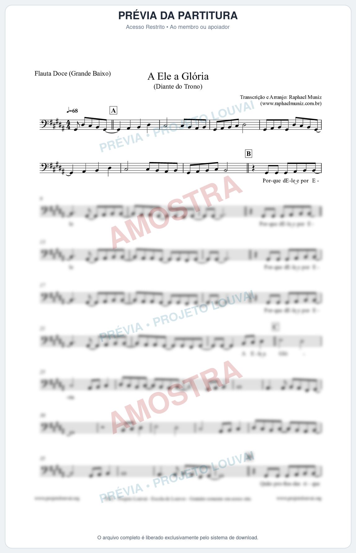 Prévia protegida da primeira página da partitura Partitura para Flauta Doce (Grande Baixo) - A Ele a Glória - Diante do Trono