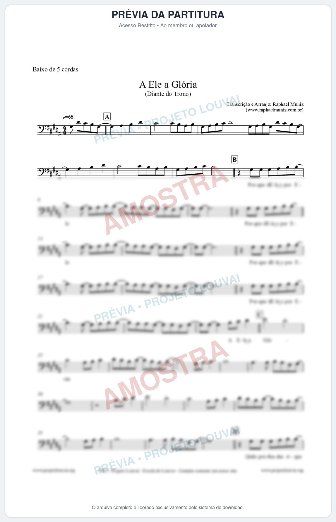 Prévia protegida da primeira página da partitura Partitura para Baixo de 5 cordas - A Ele a Glória - Diante do Trono