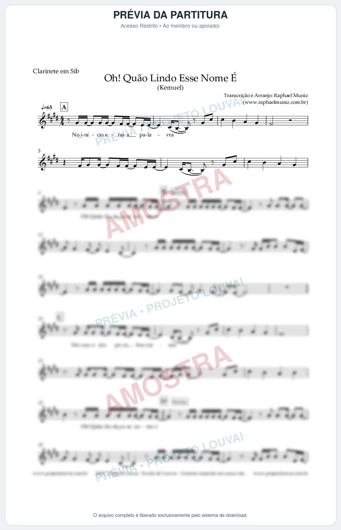 Prévia protegida da primeira página da partitura Partitura para Clarinete em Bb - Oh! Quão Lindo Esse Nome É - Kemuel