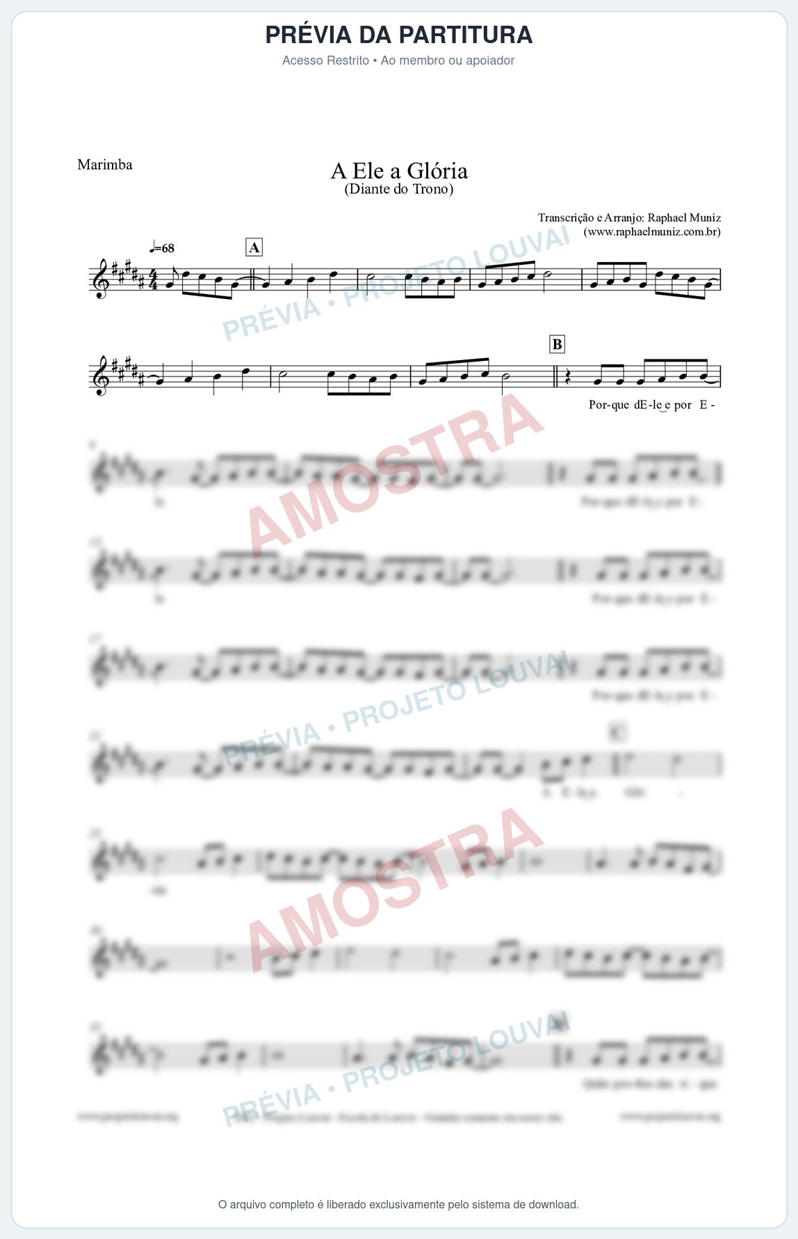 Prévia protegida da primeira página da partitura Partitura para Marimba - A Ele a Glória - Diante do Trono