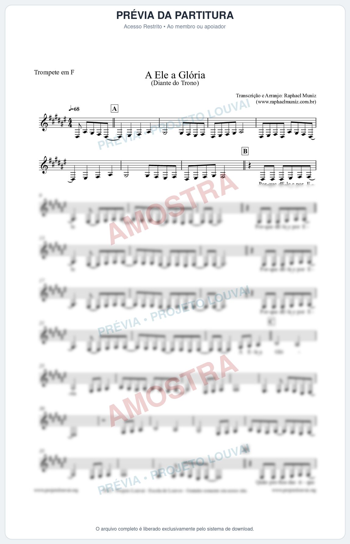 Prévia protegida da primeira página da partitura Partitura para Trompete em F - A Ele a Glória - Diante do Trono