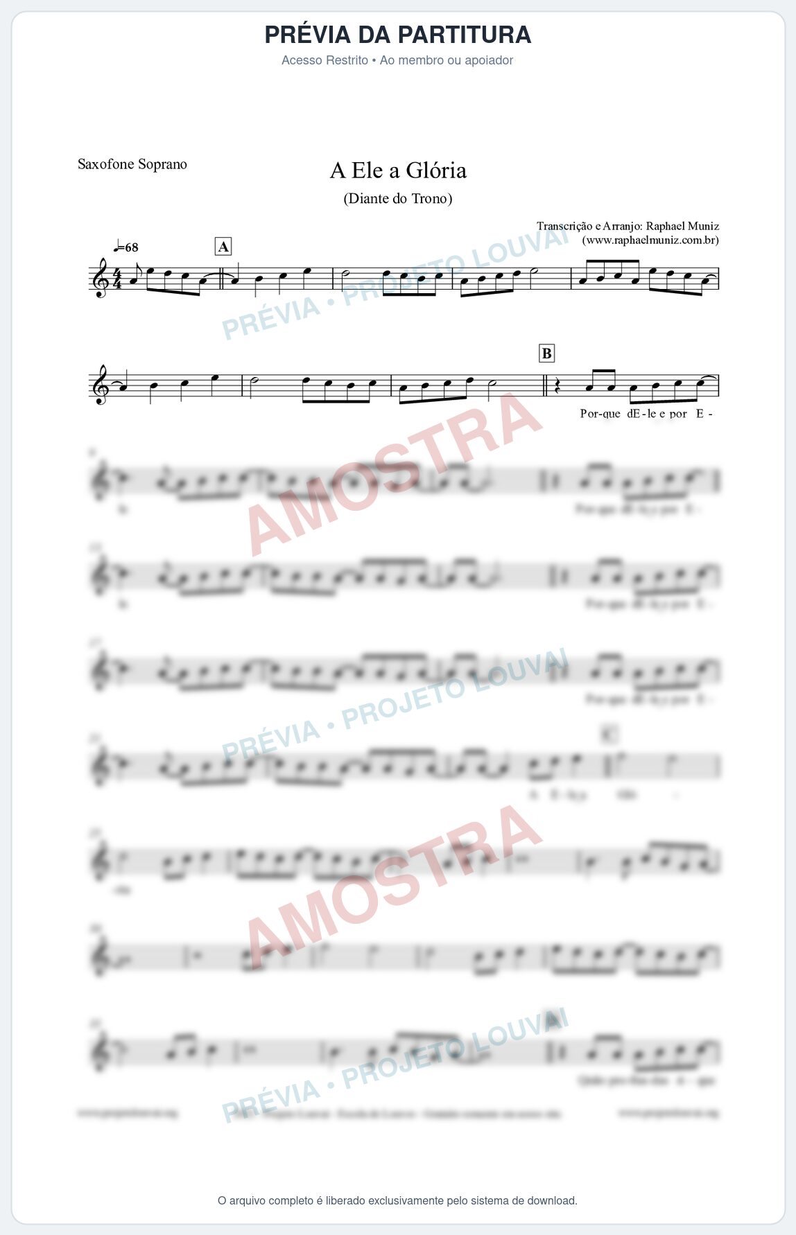 Prévia protegida da primeira página da partitura Partitura para Saxofone Soprano - A Ele a Glória - Diante do Trono