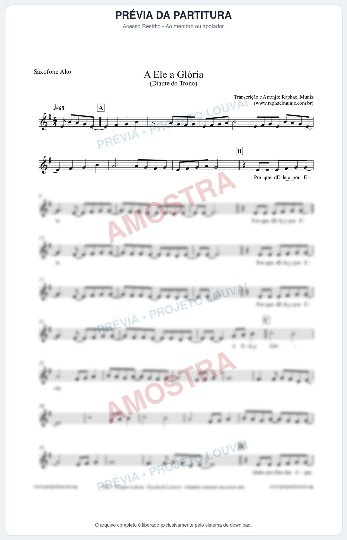 Prévia protegida da primeira página da partitura Partitura para Saxofone Alto - A Ele a Glória - Diante do Trono