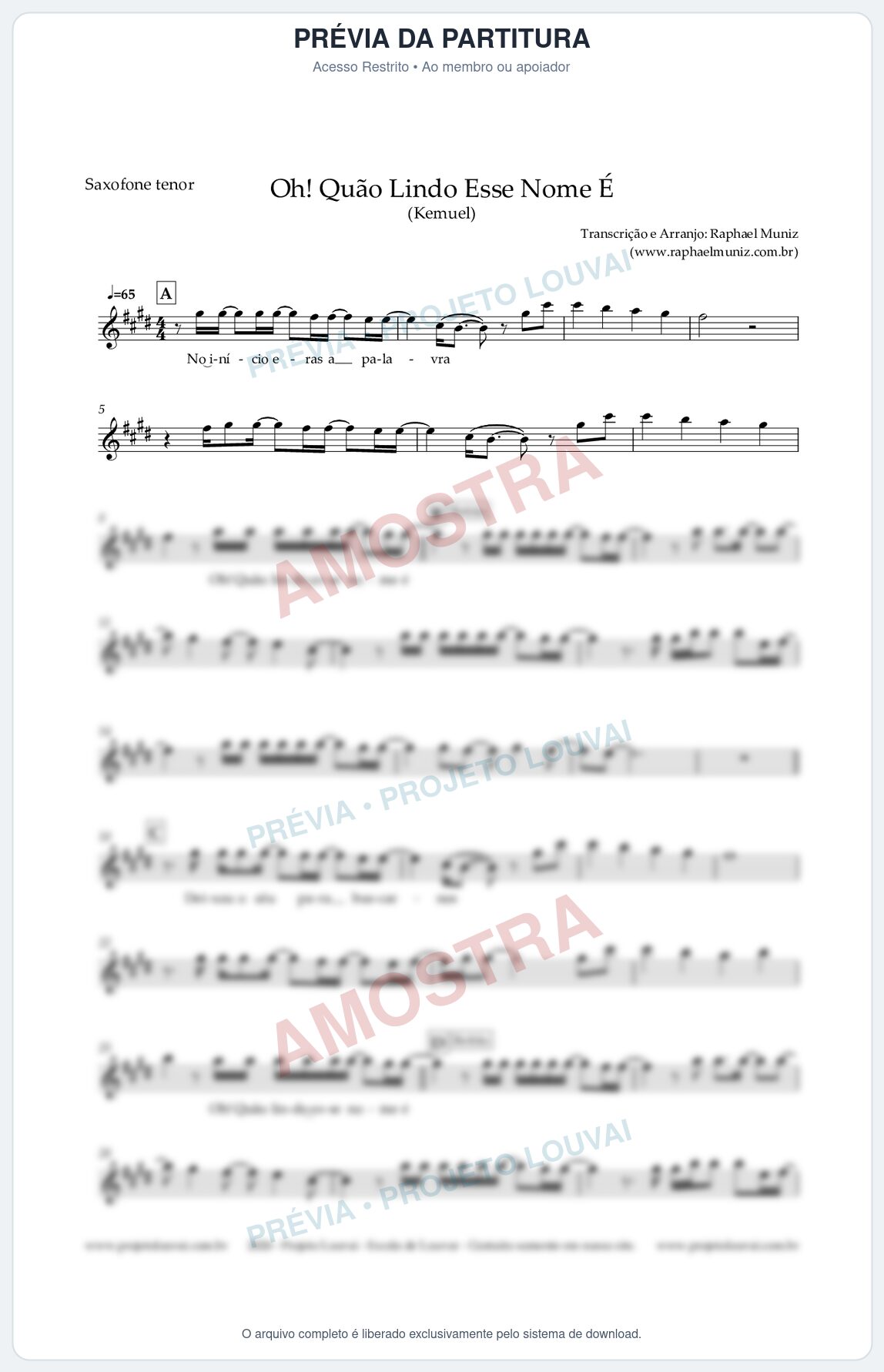 Prévia protegida da primeira página da partitura Partitura para Saxofone Tenor - Oh! Quão Lindo Esse Nome É - Kemuel