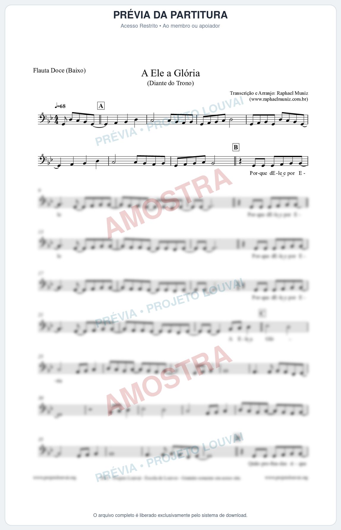 Prévia protegida da primeira página da partitura Partitura para Flauta Doce (Baixo) - A Ele a Glória - Diante do Trono