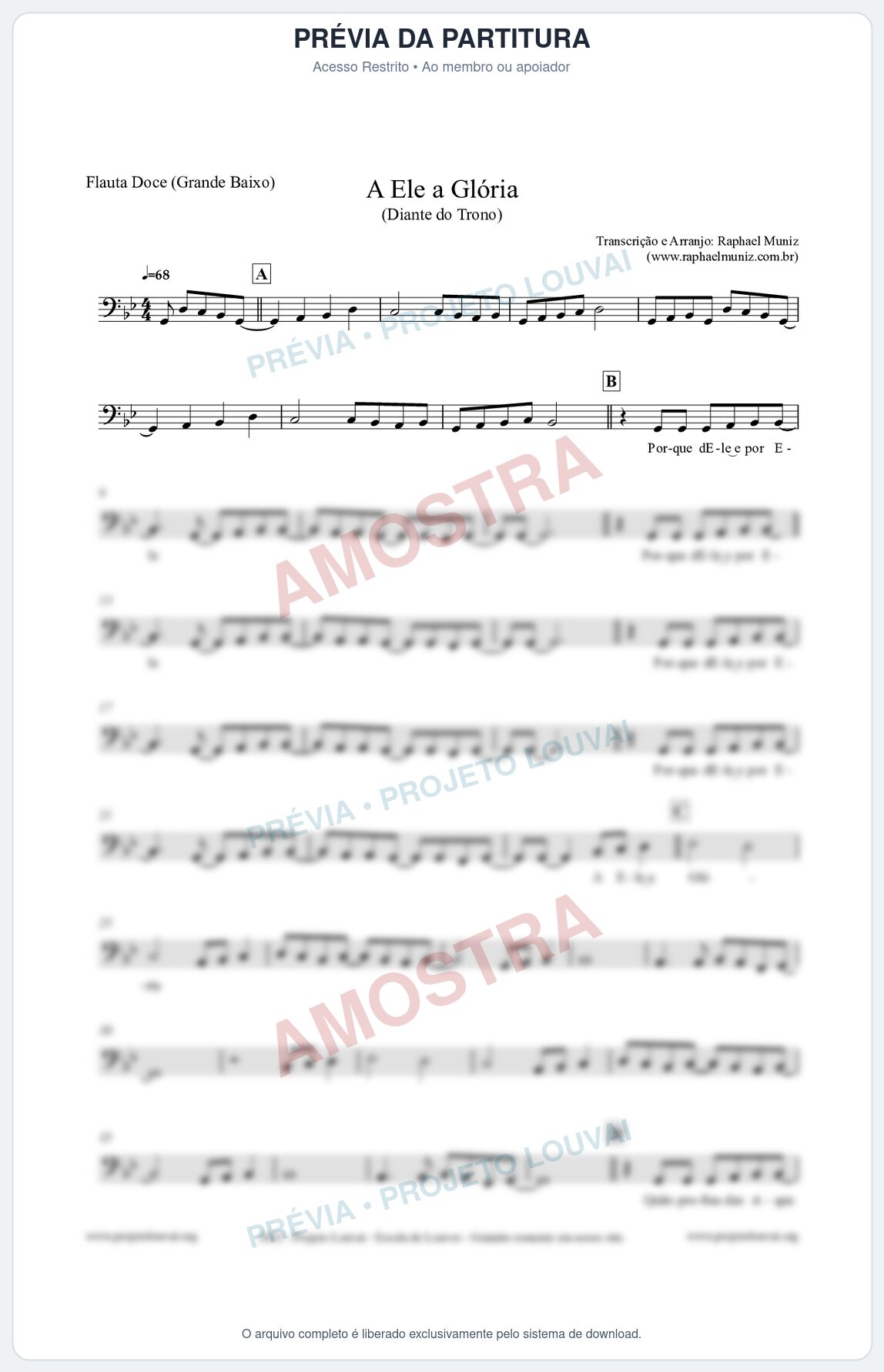Prévia protegida da primeira página da partitura Partitura para Flauta Doce (Grande Baixo) - A Ele a Glória - Diante do Trono