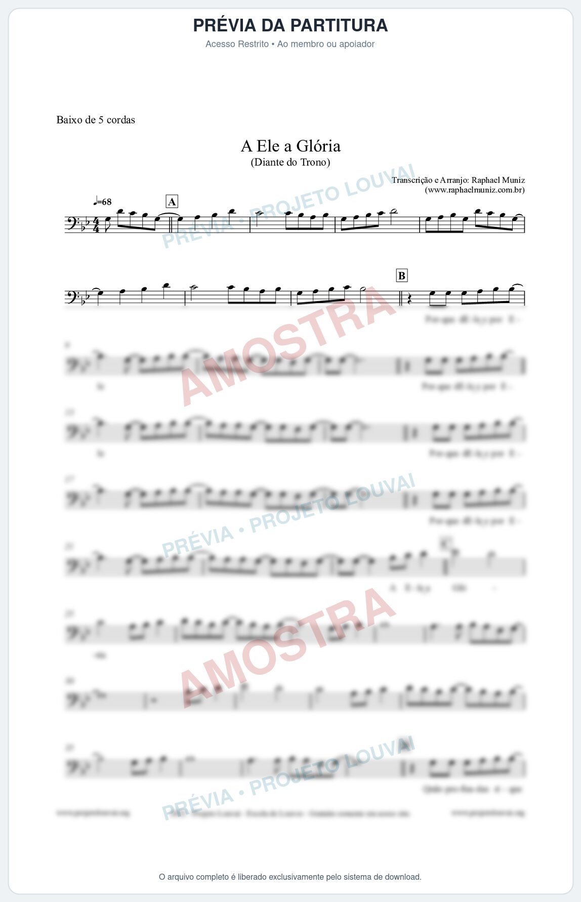 Prévia protegida da primeira página da partitura Partitura para Baixo de 5 cordas - A Ele a Glória - Diante do Trono