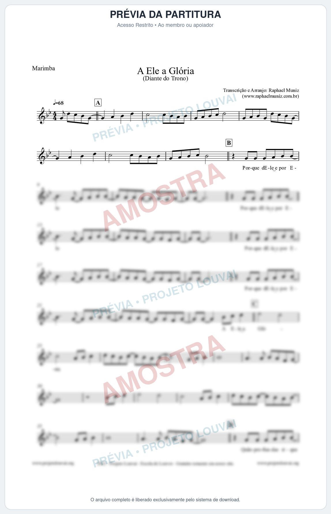 Prévia protegida da primeira página da partitura Partitura para Marimba - A Ele a Glória - Diante do Trono