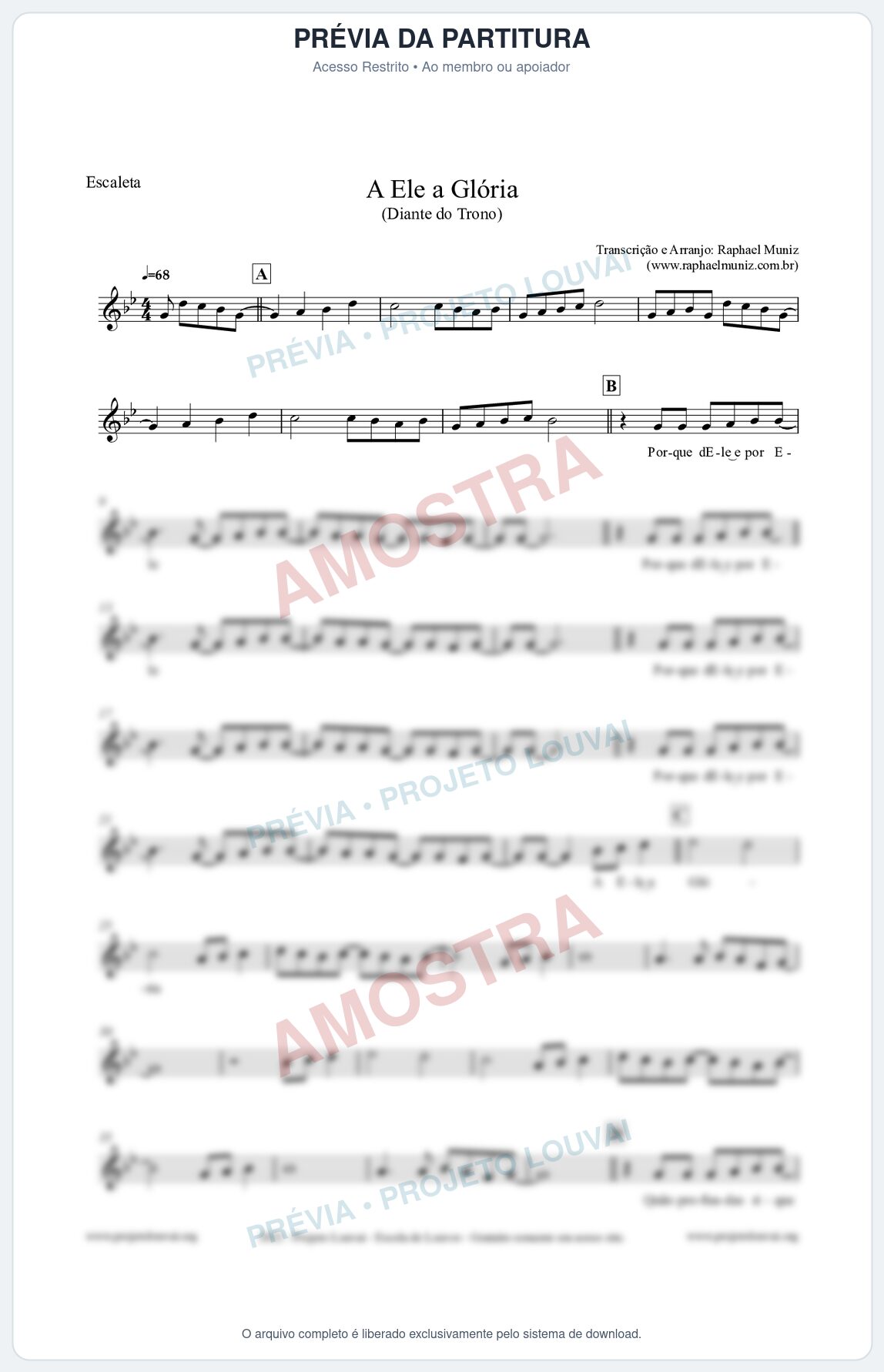 Prévia protegida da primeira página da partitura Partitura para Escaleta - A Ele a Glória - Diante do Trono
