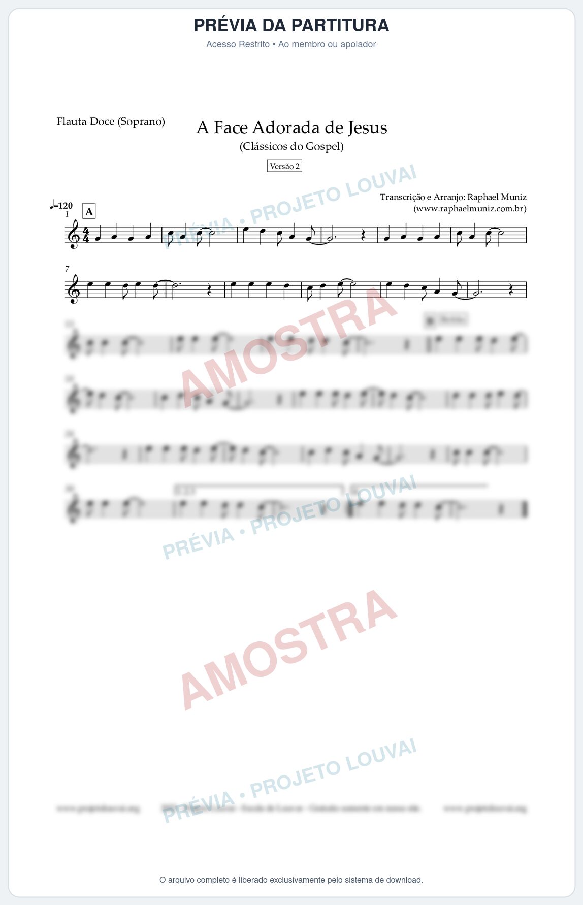 Prévia protegida da primeira página da partitura Partitura para Flauta Doce (Soprano) - A Face Adorada de Jesus - Harpa Cristã 304 (Versão 2) - Clássicos do Gospel
